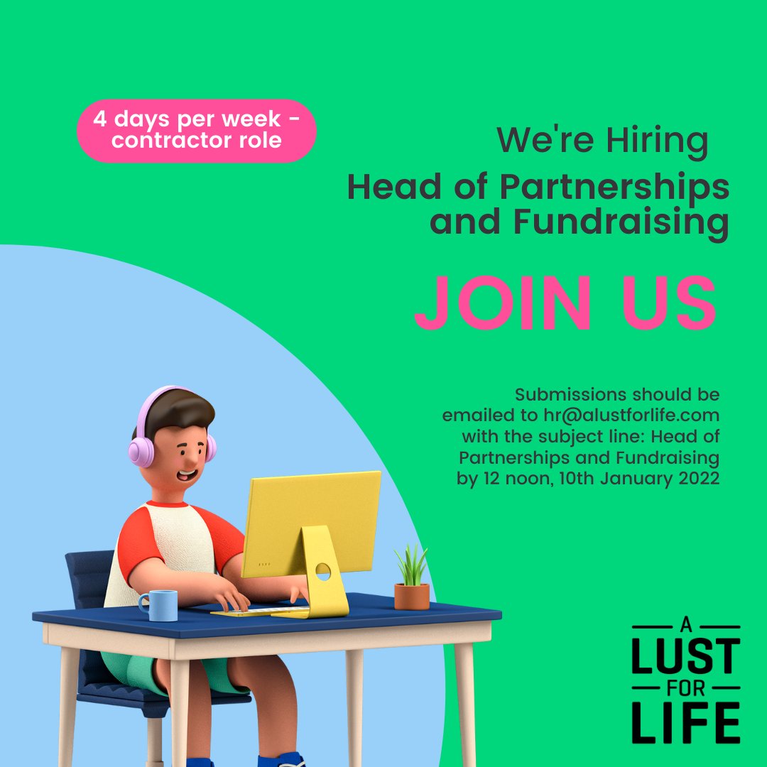 WE'RE HIRING! 
Head of Partnerships &amp; Fundraising 
4 days per week 
Submissions should be emailed to hr@alustforlife.com with the subject line: Head of Partnerships and Fundraising by 12 noon, 10th January

For more information:
alustforlife.com/careers

#jobfairy #partnerships
