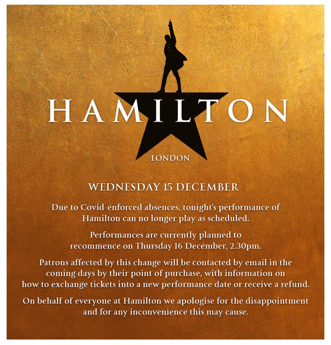 HamiltonWestEnd's tweet photo. An update from #HamiltonLDN. https://t.co/uBPP9hLTCo