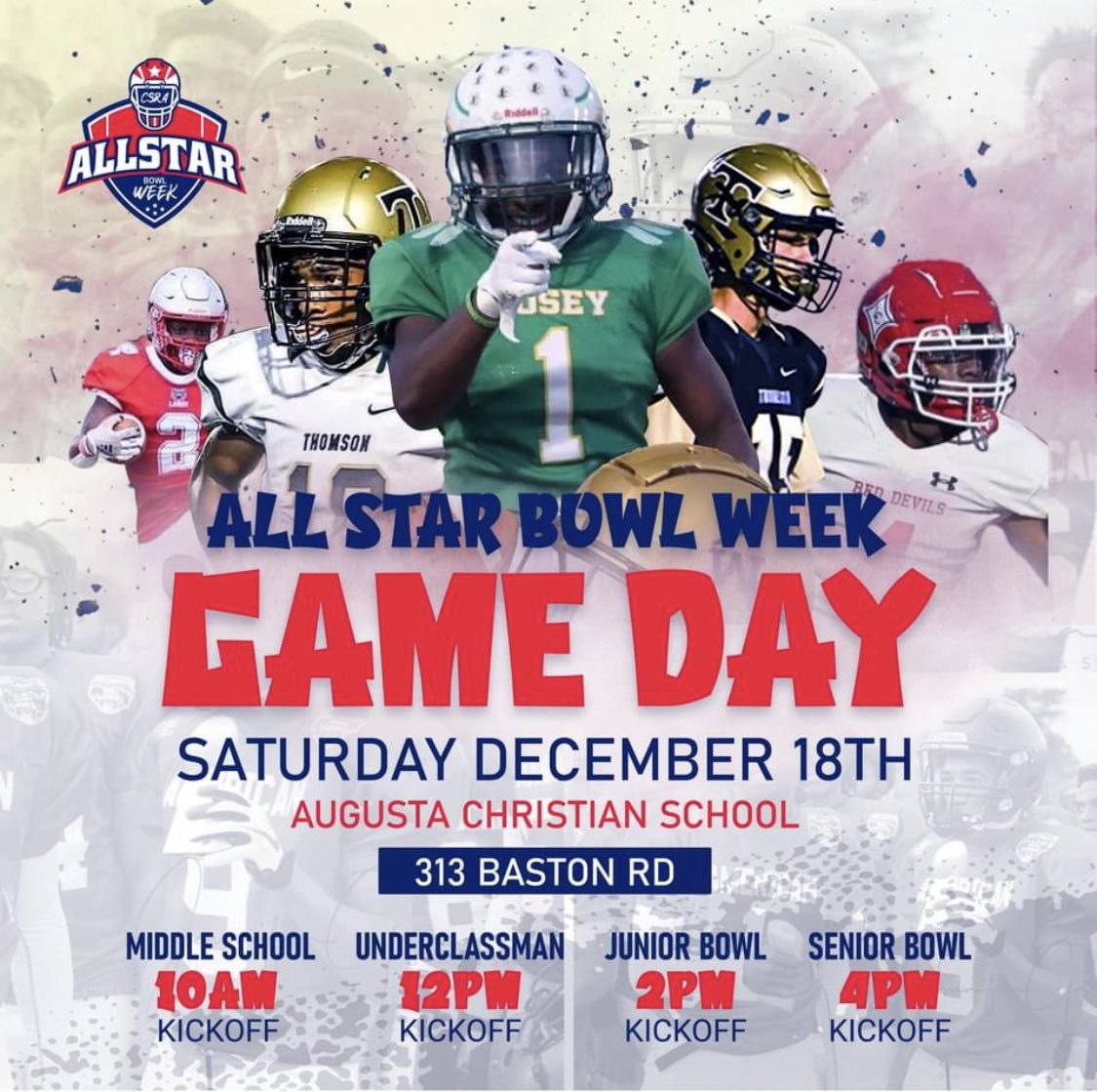 🚨All Star Bowl Week🚨

🗓Game Day: Dec 18th
📍Augusta Christian
313 Baston Rd
Augusta, GA

Let's pack the stadium for these young men!

Get your tickets here:
recruitifyhoops.com/?fbclid=IwAR1b…