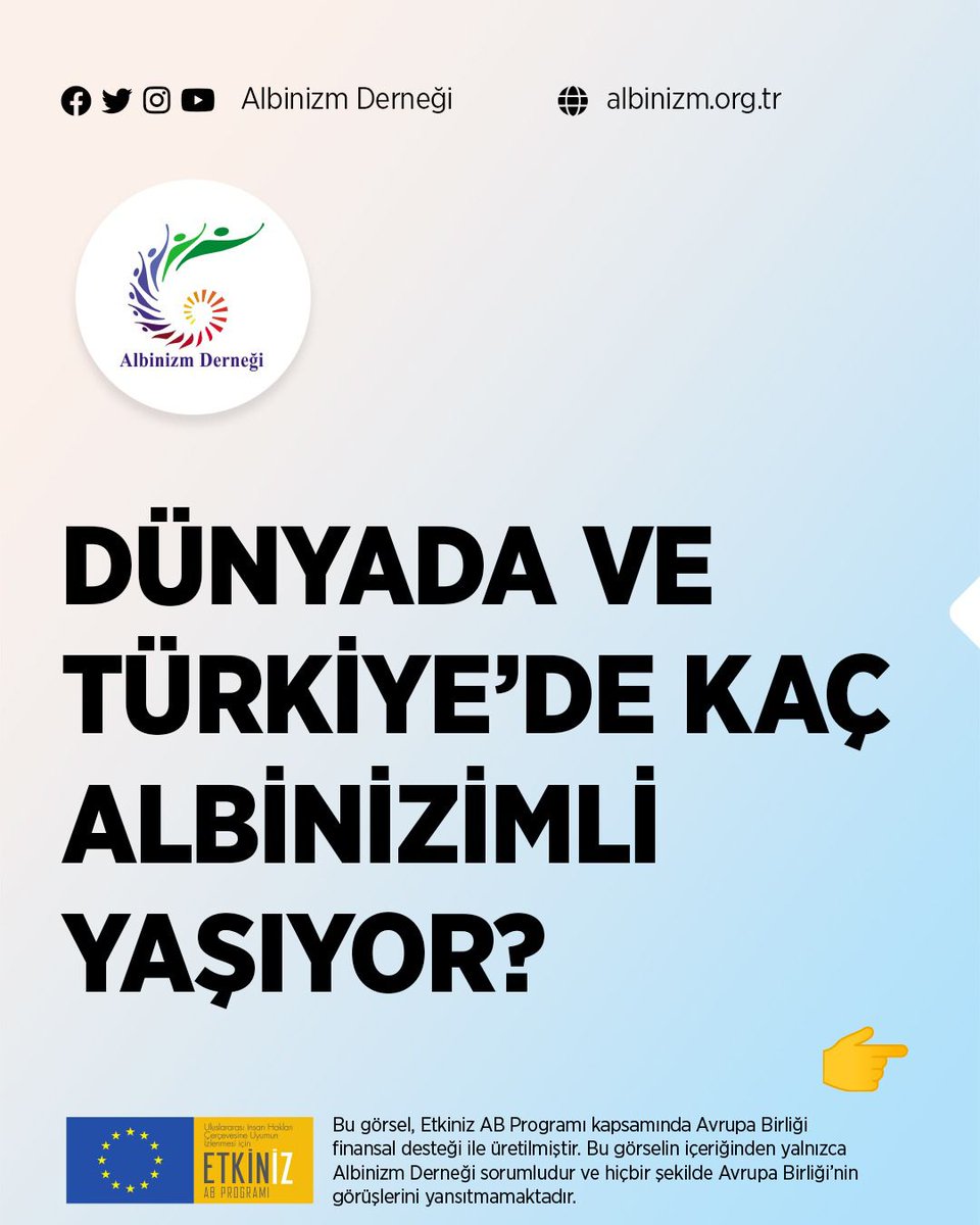AlbinizmDernegi's tweet photo. Kaynak: Albinizm Derneği. (Ağustos 2021). Albinizmli Bireylerin Karşılaştıkları Hak İhlalleri Araştırması, “Etkiniz AB Programı” Projesi kapsamında desteklenmiştir.
@etkinizab https://t.co/xOLjhJdIG8