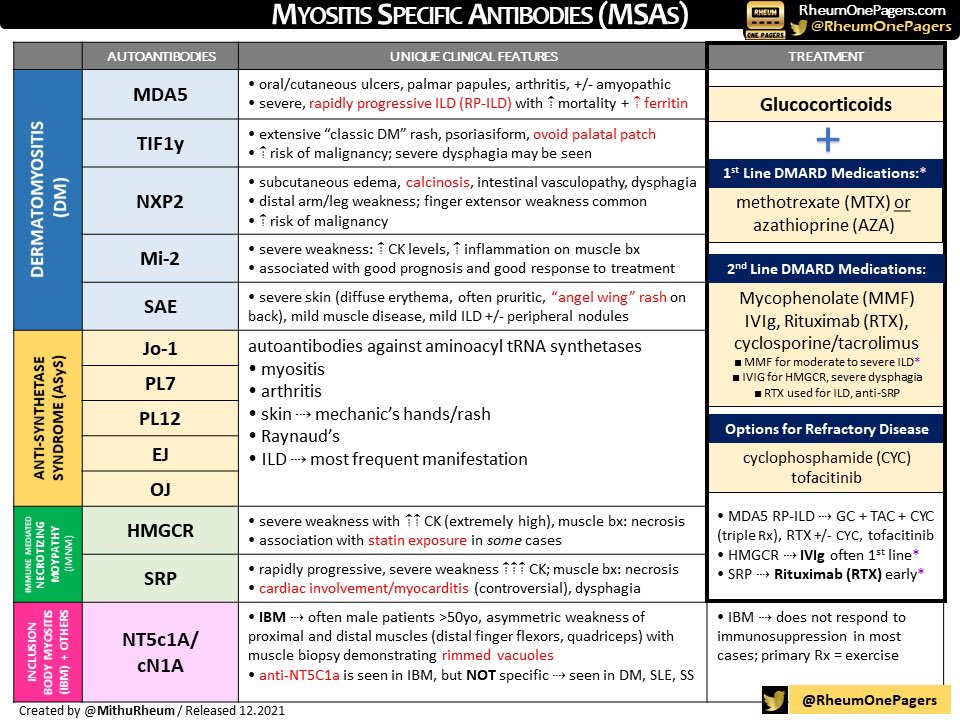 🆕 Myositis Specific Antibodies (MSAs): Clinical Features and Treatment for #Myositis/IIM 💪🏽

💪🏻Proximal Muscle Weakness
🫁 Interstitial Lung Disease
🤚🏽 Cutaneous [Dermatomyositis] 

#RheumTwitter #DermTwitter #PulmTwitter #MedEd