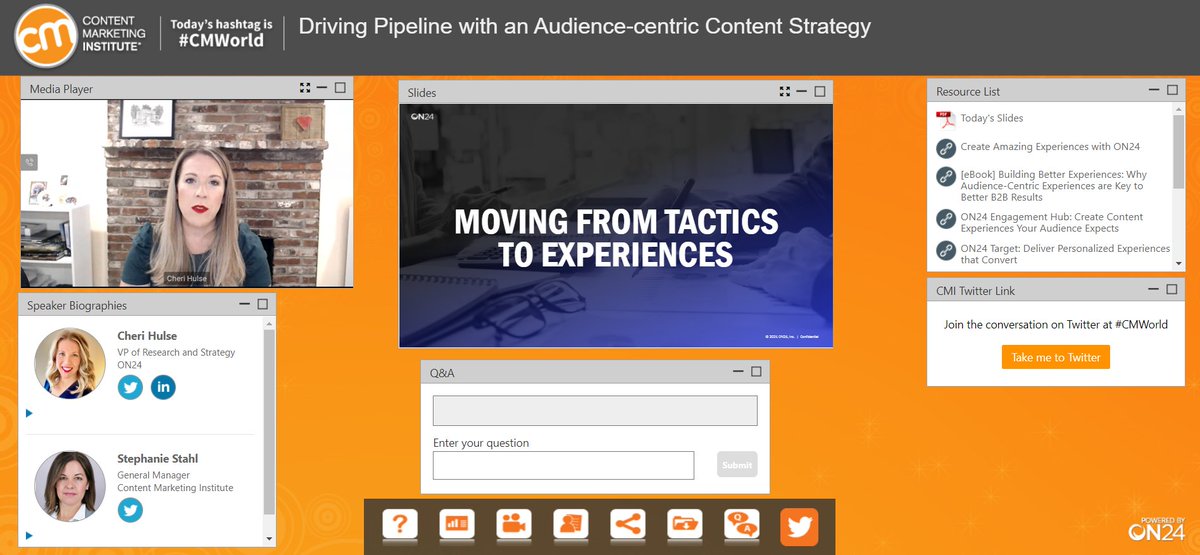 Happening now at ContentRev Summit: <a href="/ON24/">ON24</a>’s <a href="/cheri29/">Cheri Hulse</a>

Moving from tactics to Experiences:
⬇️Reading EBook = Point in time
➡️Experience = Channel + Offer + CTA

#CMWorld #ContentRev