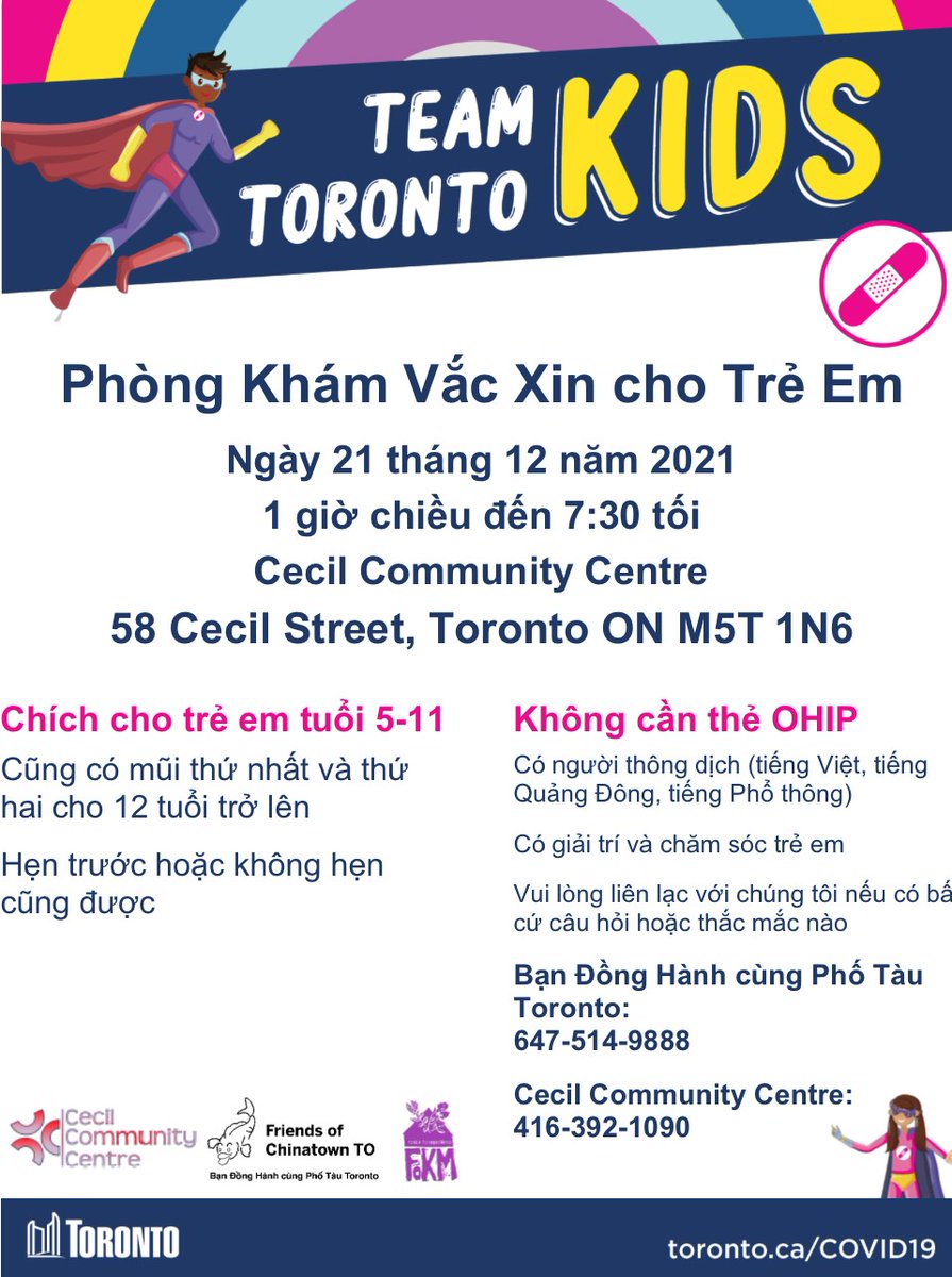 Jessica Bell (@jessicabellto) on Twitter photo <a href="/CecilCentre/">Cecil Community Centre</a> <a href="/chinatownFOCT/">Friends of Chinatown TO</a> @friendsofkensington <a href="/FriendsOfKM/">FriendsOfKM</a> will also be hosting a clinic for children aged 5-11.
1st and 2nd dose for ages 12+ as well
Appointments and walk-in available
No OHIP required
Translation services available (Mandarin, Cantonese, Vietnamese, Spanish) <a href="/CecilCentre/">Cecil Community Centre</a> <a href="/chinatownFOCT/">Friends of Chinatown TO</a> @friendsofkensington <a href="/FriendsOfKM/">FriendsOfKM</a> will also be hosting a clinic for children aged 5-11.
1st and 2nd dose for ages 12+ as well
Appointments and walk-in available
No OHIP required
Translation services available (Mandarin, Cantonese, Vietnamese, Spanish)