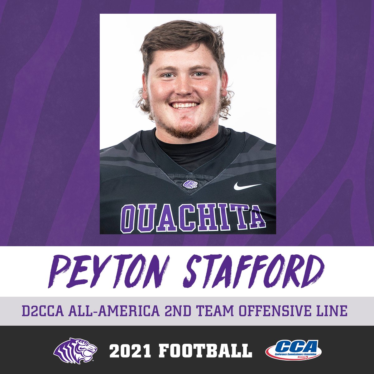 .<a href="/OuachitaFB/">Ouachita Football</a>'s Peyton Stafford is an All-American! Read more at bit.ly/3oWdZJQ #BringYourRoar #FinishEmpty