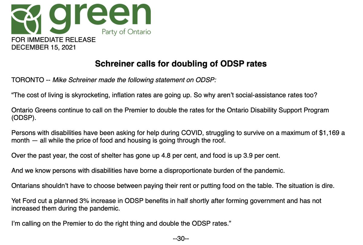 SammyHudes's tweet photo. NEW — Ontario Green Party Leader @MikeSchreiner is calling on Premier Doug Ford to double Ontario Disability Support Program (ODSP) rates.

The PC government halved the Liberals' plan to raise the rate by 3% in 2018, and it's been frozen ever since, despite rising costs.

#onpoli https://t.co/47Se3cNKqQ