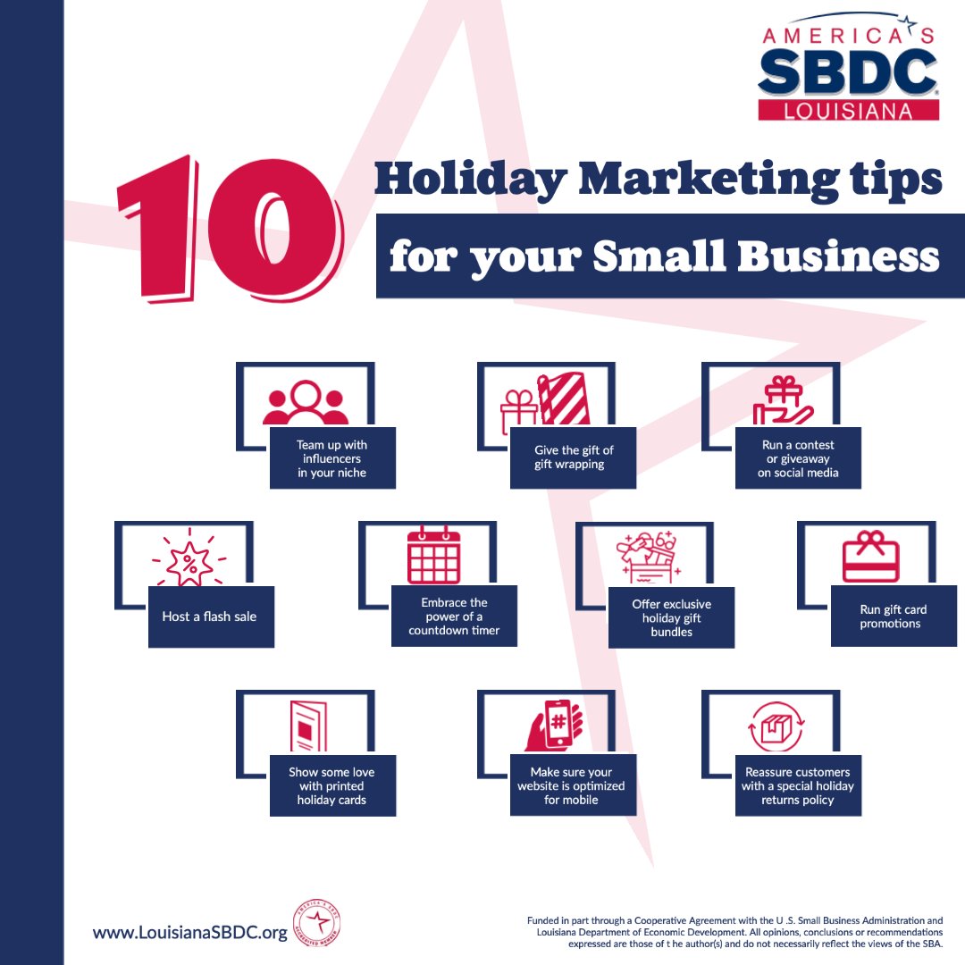 Here are 10 Holiday Marketing tips to help your business stand out this holiday season!

LouisiananSBDC.org
#LSBDC #SmallBiz #SmallBusinessOwner #Entrepreneur #HappyHolidays