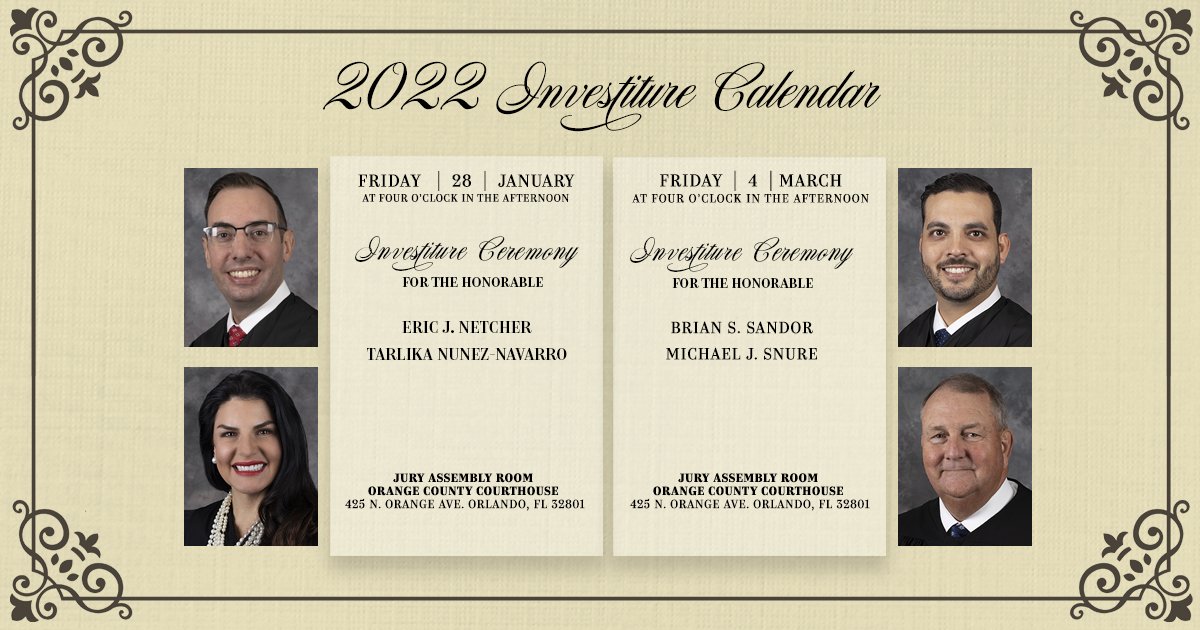 Ninth Circuit Court of FL on X: "Join us in the Jury Assembly Room of the  Orange County Courthouse on January 28 at 4 p.m. for the investiture  ceremony of Judges Eric