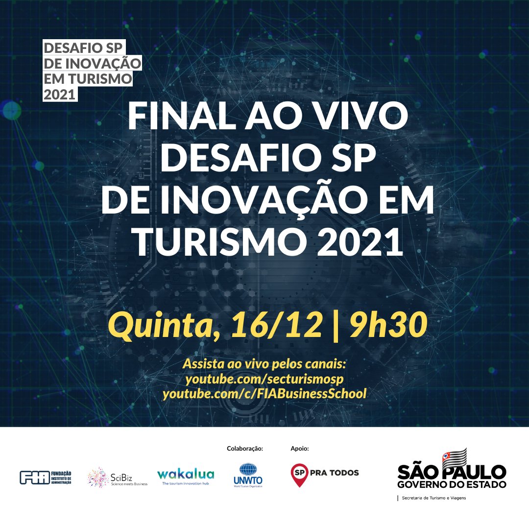 Assista às apresentações dos projetos finalistas e à revelação dos vencedores ao vivo nos canais de YouTube da <a href="/fundacaofia/">FIA Business School</a> - youtube.com/c/FIABusinessS… - e da <a href="/turismosp/">Secretaria de Turismo e Viagens de São Paulo</a> - youtube.com/user/secturism…. Nesta quinta, 16/12, às 9h30!
#desafioSP