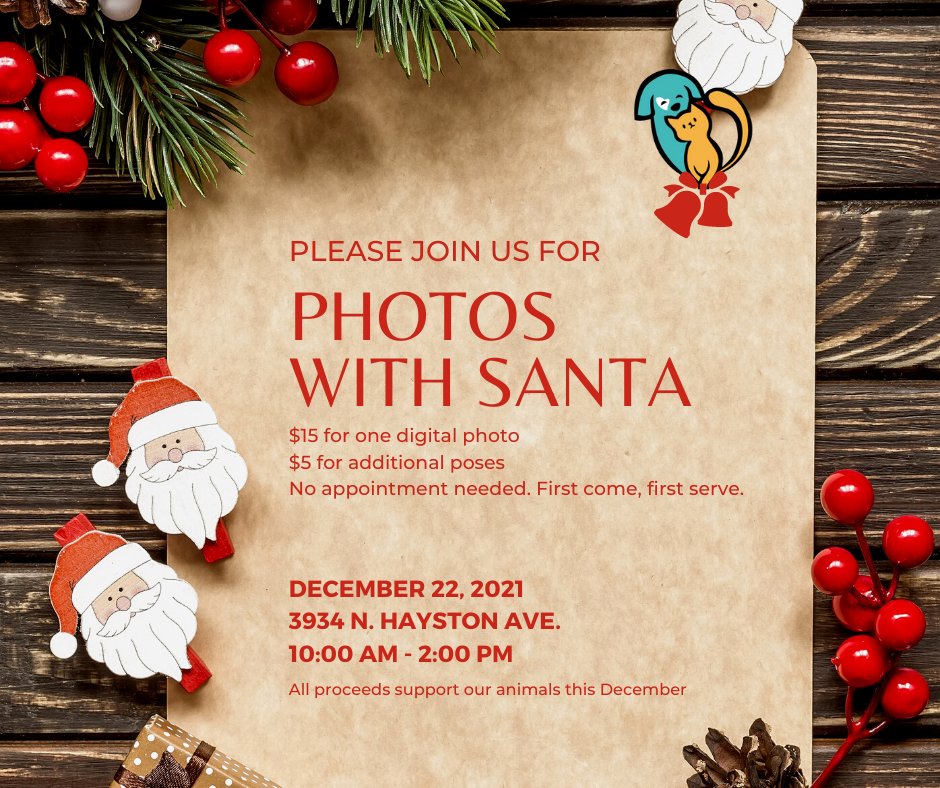 December 22nd, we'll have photos with Santa for just $15! Pets are welcomed but must be leashed or in crates/carriers until photo shoot time.

#photoswithsanta #petphotos #nokillshelter #santaphotos