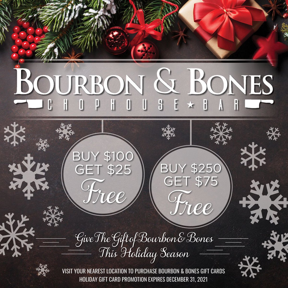 BourbonBonesAZ's tweet photo. Looking for the perfect gift for the meat-lovers in your life? Bourbon &amp; Bones now offers holiday gift cards. When you buy one gift card for $100, we'll gift you a bonus $25 gift card to use!

#BourbonandBones #ArizonaRestaurant #Giftcard #Steakhouse #Chophouse https://t.co/0Ts6DW2tt1