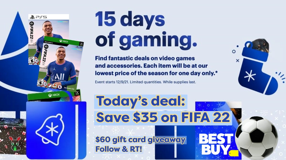 Cheap Ass Gamer on Twitter: 'Best Buy's 15 days of gaming is now in  progress! Get a great gaming deal each day, now through 12/23. Today's  deal: Save $35 on FIFA 22!