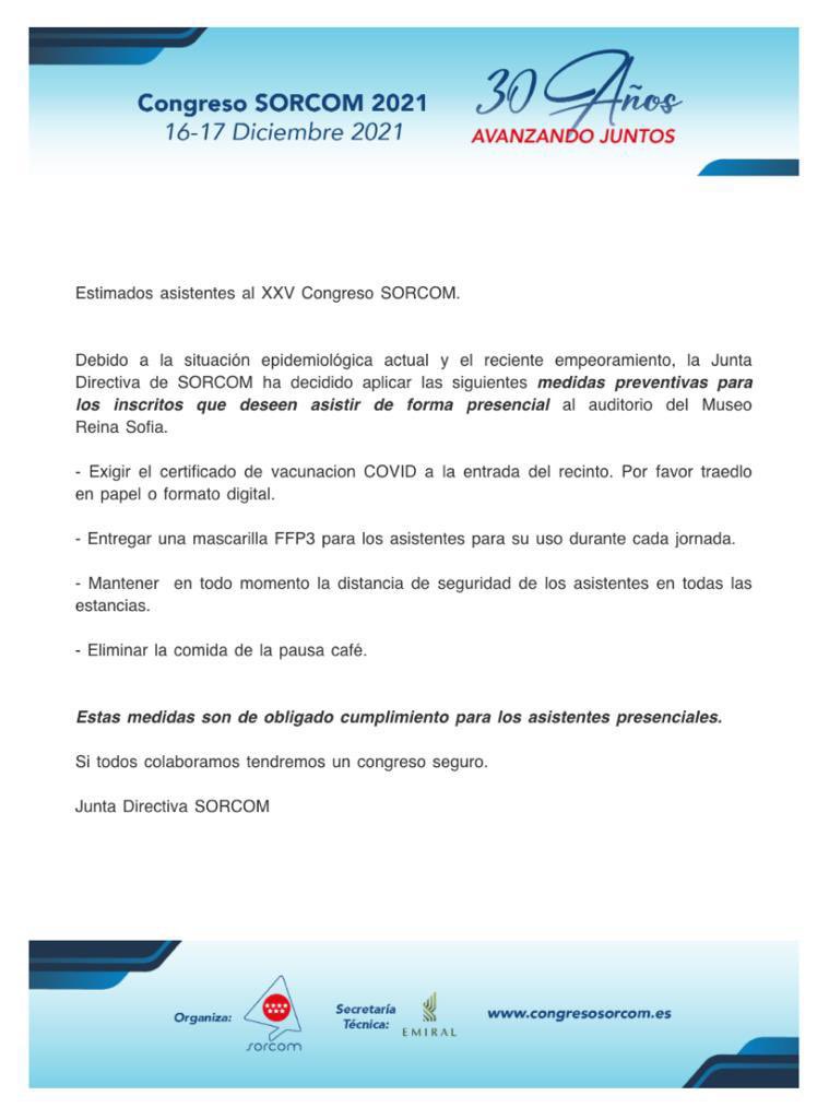 🚨 Información importante para los asistentes en formato presencial al congreso #SORCOM2021