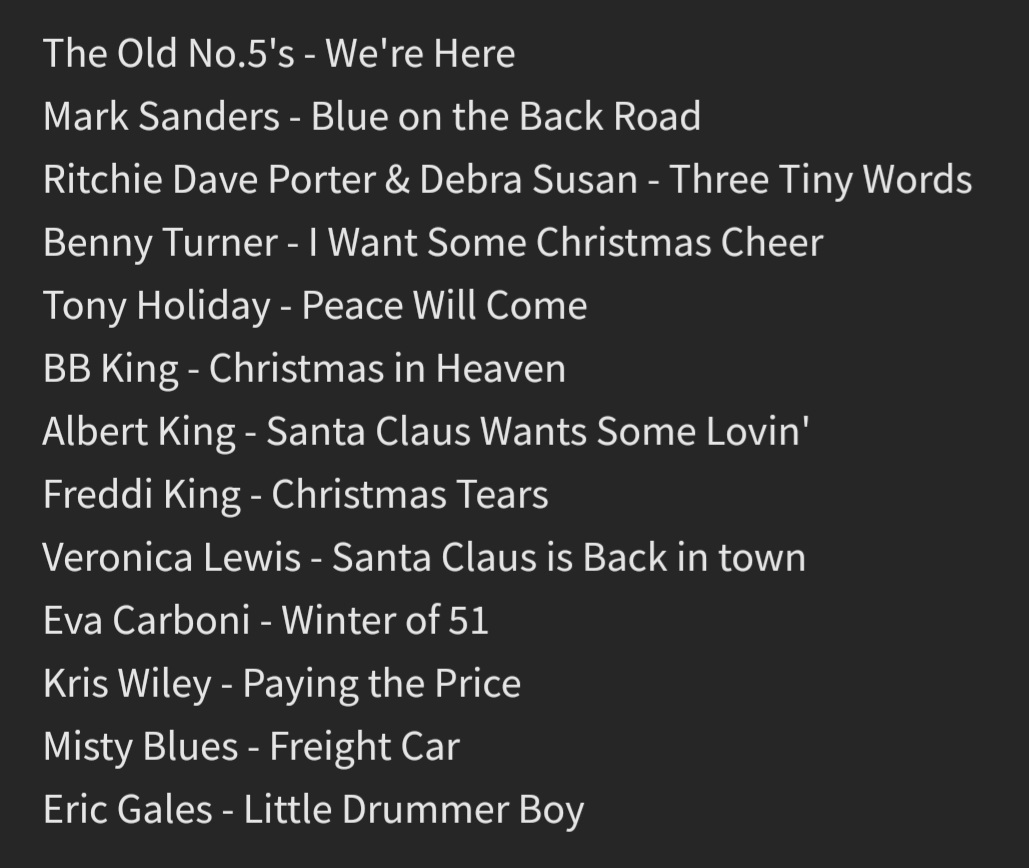 This week's play list: <a href="/Richard03399598/">Ritchie Dave Porter and Debra Susan</a> <a href="/BennyTurnerBass/">Benny Turner</a> @tonyholidayharp <a href="/tonyholidayband/">Tony Holiday</a> <a href="/imVeronicaLewis/">Veronica Lewis</a> <a href="/EvaJTheVoice/">Eva Carboni</a> <a href="/contrecservices/">Continental Record Services</a> <a href="/MistyBluesBand/">Misty Blues</a> <a href="/EricGalesBand/">Eric Gales 🎸</a> all I do is put it together, all the magic comes from these amazing artists!