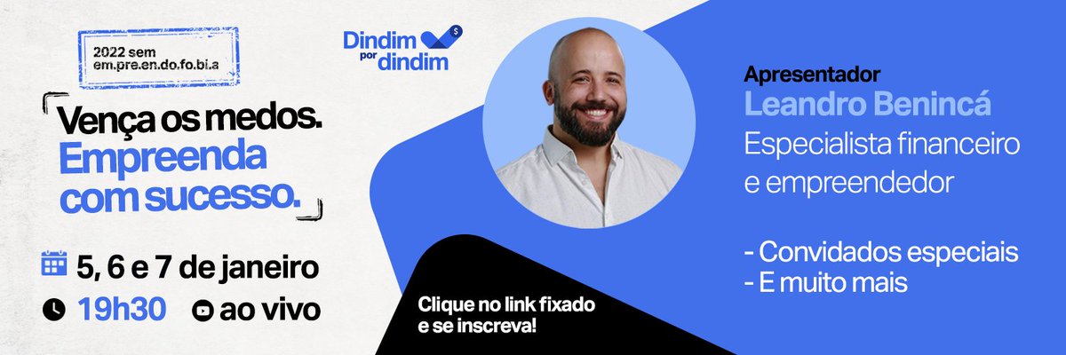 Assim que o ano virar, você vai dar o primeiro passo pra empreender sem medo! Sem inscreva neste evento online e gratuito, com o especialista financeiro <a href="/LeandroBeninca/">Leandro Benincá</a>. Inscrição 👉go.sumup.com.br/2022-sem-empre…  #2022SemEmpreendofobia