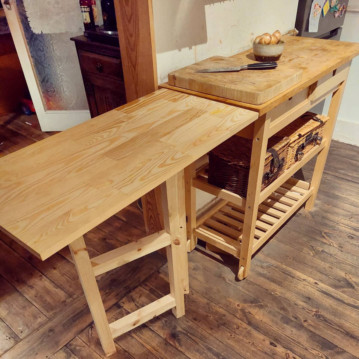 Smashed out this drop leaf breakfast bar thing. Nothing fancy but my whole house is like this. If there's a problem I usually make something. I pull it out to 'dish up', so I've got more room when I've messed up the kitchen. Then folds away so it doesn't stifle me kitchen dancin!