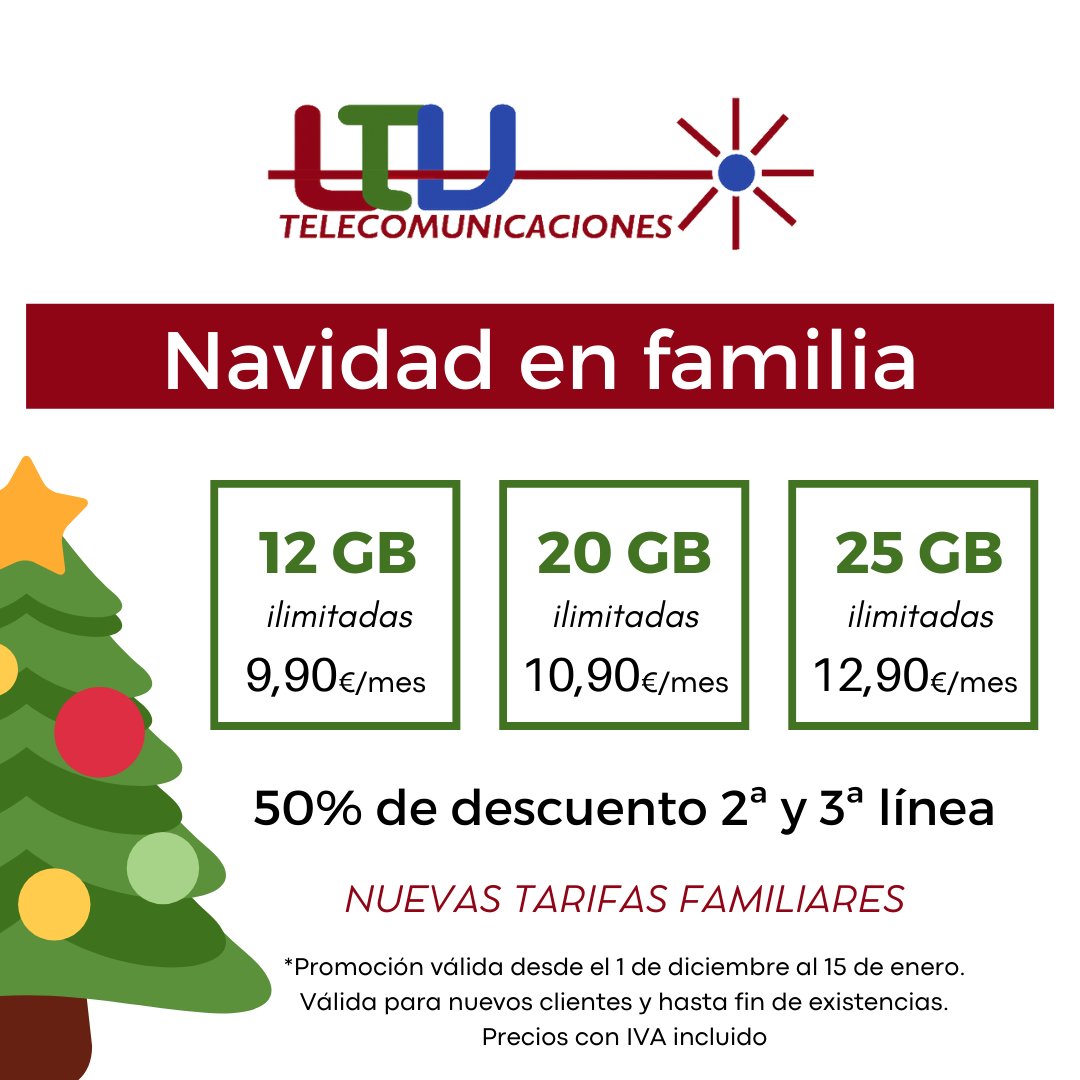 LtvTelecom's tweet image. 🎄Promo Navidad!!!🎁NUEVAS TARIFAS FAMILIARES!!!
3 líneas con  12GB + ilimitadas por 19,80€
3 líneas con 20GB + ilimitadas por 21,80€
3 líneas con 25GB + ilimitadas por 25,80€
☎958953820 📱693066712
#Lecrín #LtvTelecom #Móvil #ElValle #Pinosdelvalle #Nigüelas #Albuñuelas