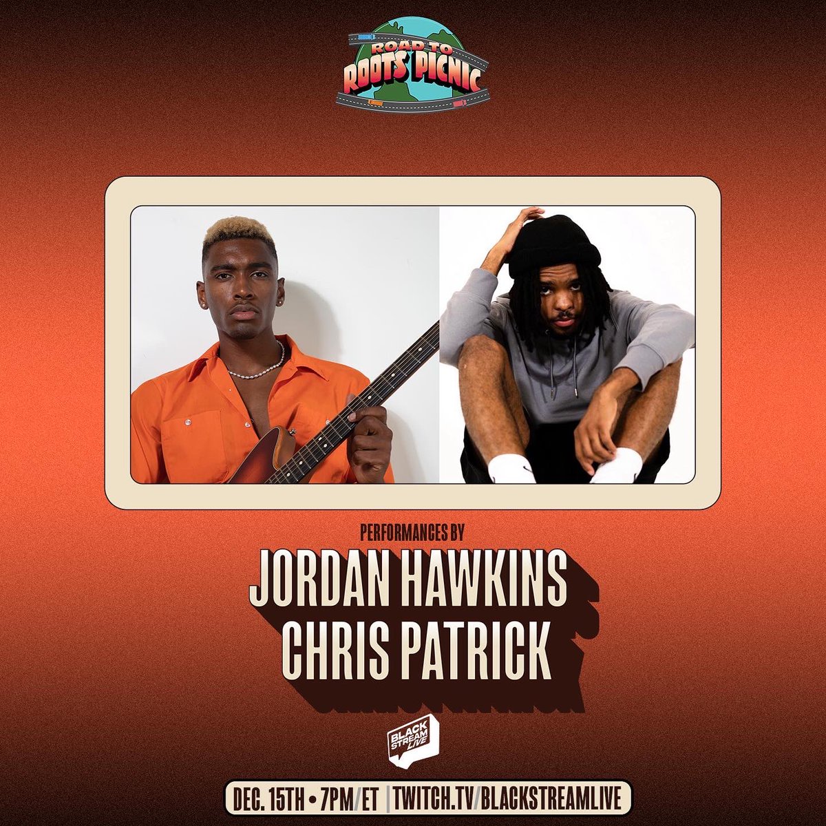 This week on Road to Roots Picnic, we're joined by "Heart Won't Stop" emerging singer-songwriter @imjordanhawkins. Plus, Jersey rapper @xchrispatrick is delivering a performance "From the Heart"—TONIGHT at 7PM/ET on Twitch.tv/BlackStreamLive.