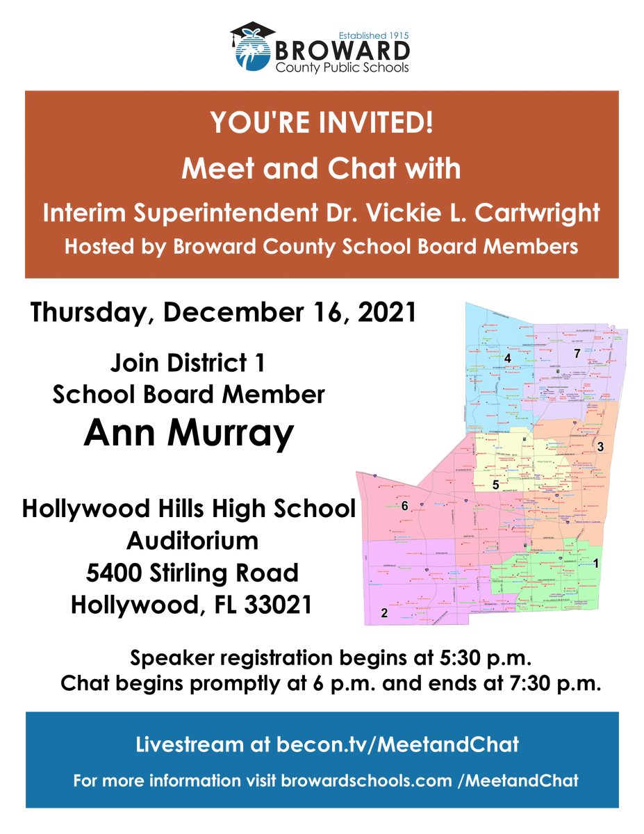 Tomorrow, Thursday, December 16, at 6 p.m., meet and chat with Interim Superintendent @suptvcartwright at <a href="/HHHS1661/">Hollywood Hills High</a>. Hosted by District 1 School Board Member <a href="/AnnMurrayDist1/">Ann Murray</a>. Use #BCPSMeetandChat to submit questions online and livestream at becon.tv/meetandchat.