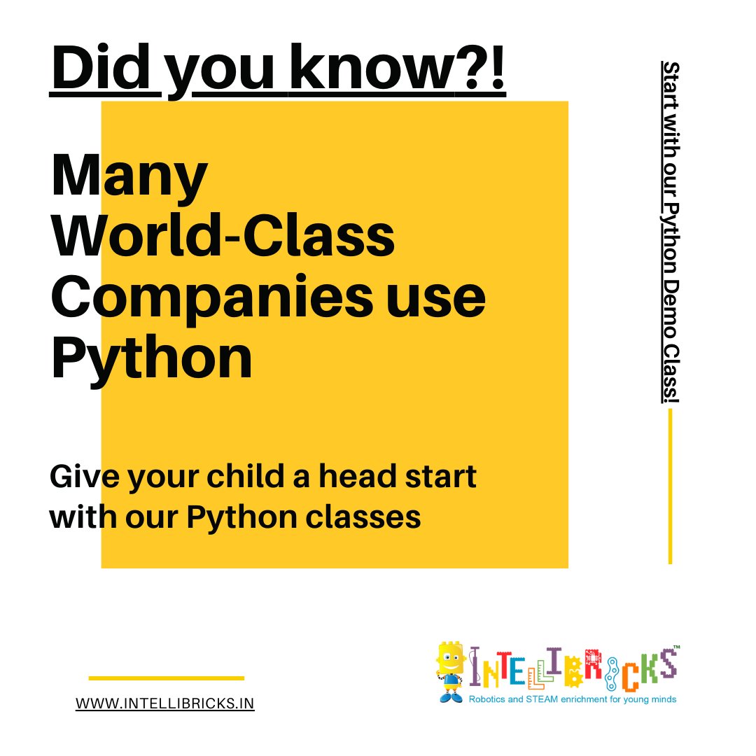 intelliBricks_i's tweet image. Check out this blog on 8 world-class companies that use python realpython.com/world-class-co…

Book Demo: 12 yrs &amp;amp; Up
intellibricks.in/book-a-demo/

#python #pythongames
#pythoncoding #pythonlearning  #summercampsforkids #onlineclassesforkids