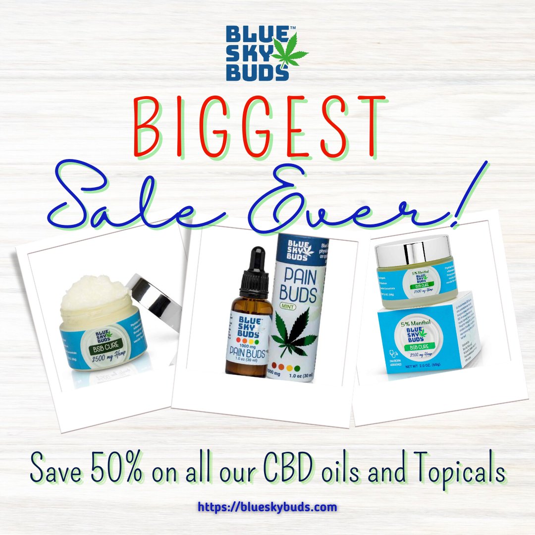 BIGGEST SALE EVER!!! 👍
50% OFF LAST CHANCE on all our CBD oils and Topicals!
Order now! ➡️➡️ blueskybuds.com
#blueskybuds
#cbd
#cbdoil
#cbdgummies
#sale
#cbdlife