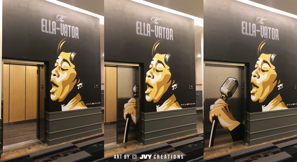 I just completed my newest mural titled The Ella-Vator in The Ella Apartments in Richmond, VA.  The door opens to bring the mic to her mouth.  In each mural there, I incorporate the architecture into the design.