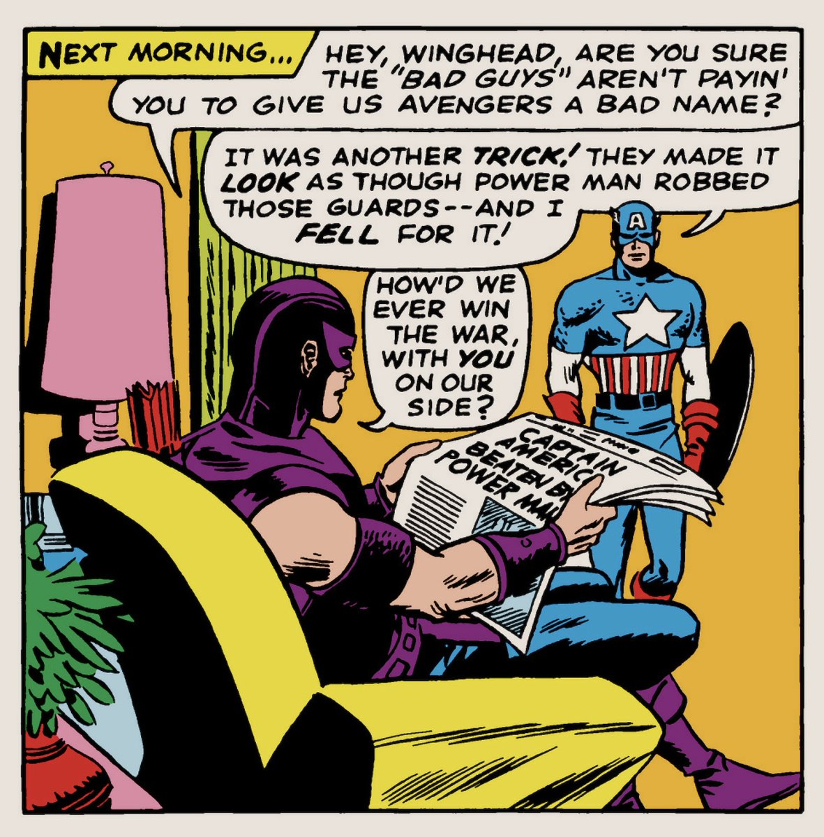 Need an airhorn after all these Hawkeye burns on Captain America.

Avengers 21 (October 1965)