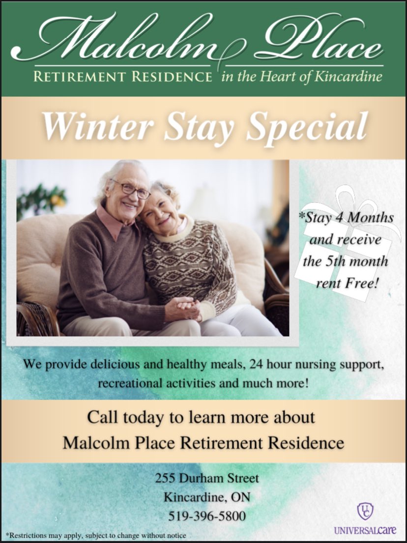 malcolm_place's tweet photo. Come and spend the winter with us here at Malcolm place! We have delicious home made meals, and activities to fit your interest. We are located in beautiful down town Kincardine right along Lake Huron. https://t.co/p8F1kmkWiB