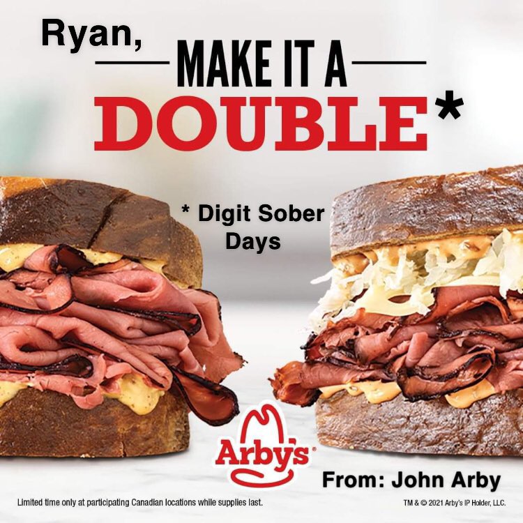 pissboymcgee's tweet image. this dude has been making arbys themed sobriety milestone pics for me. if i ever have a child, he’s going to be the godfather