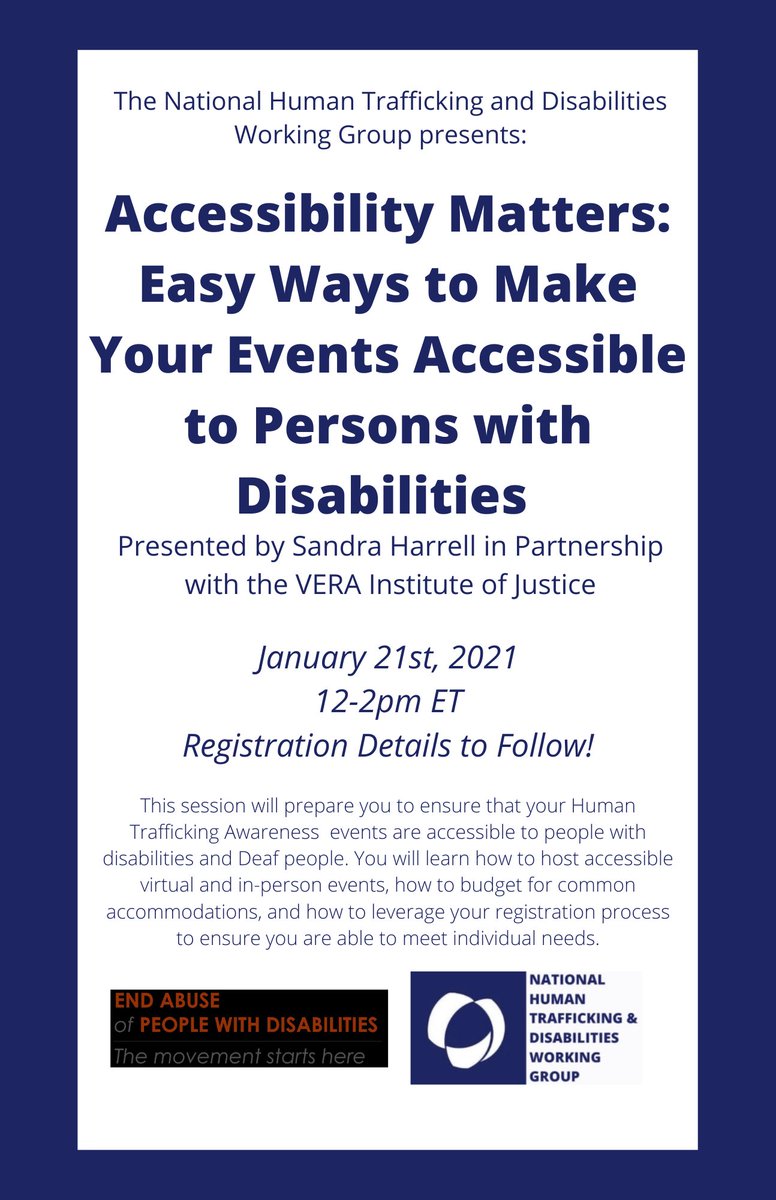 NHTDWG's tweet photo. Join us on 1/21 to learn how to make all your human trafficking awareness events accessible to people with disabilities and Deaf people! Registration details will follow. Please reach out to nhtdwg@iofa.org if you have any questions. https://t.co/AJu8w0IzBl