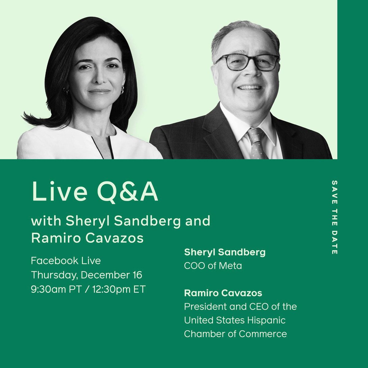 Hispanic-owned businesses are the heartbeat of our country &amp; have been disproportionately impacted throughout the pandemic. Join us tomorrow at 12:30 p.m. ET as the <a href="/USHCC/">USHCC</a> goes LIVE with @SherylSandberg COO, <a href="/Meta/">Meta</a>➡️ facebook.com/sheryl  #ThriveWithUs #SeasonofGreatIdeas