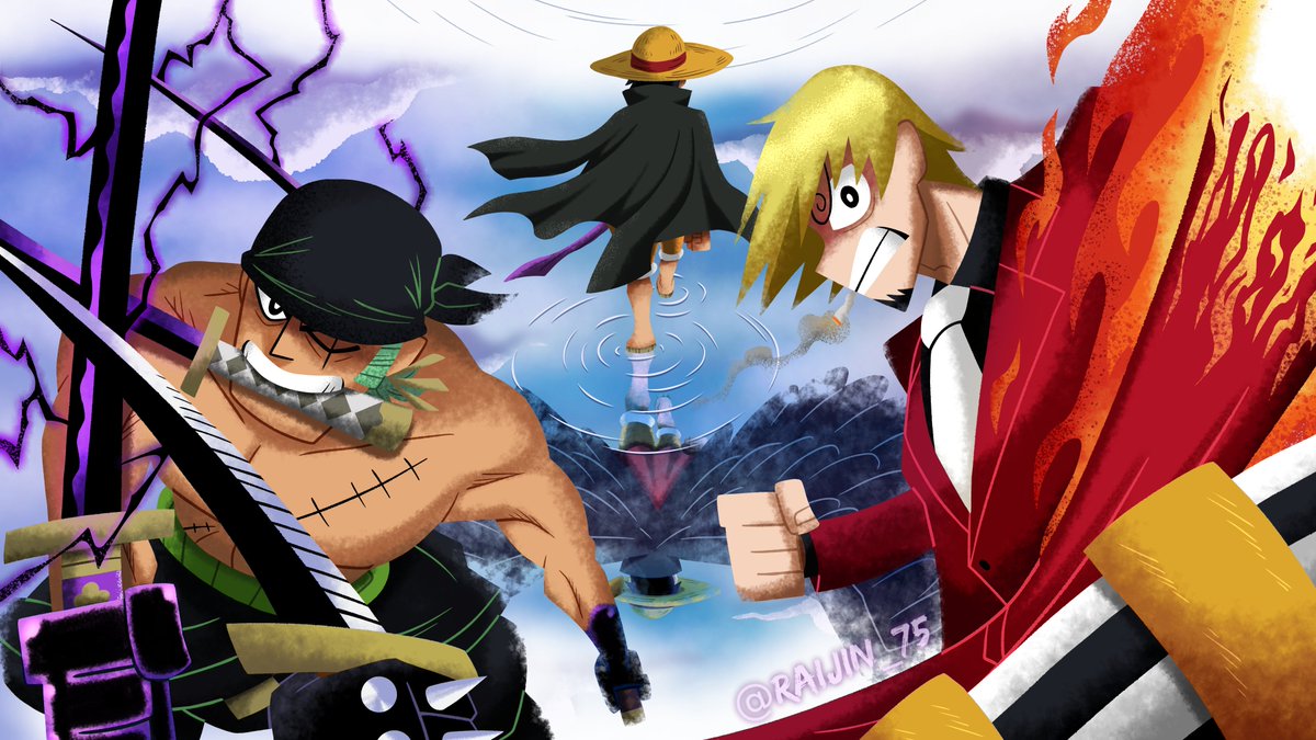 Raizing_75's tweet photo. Wings of the Pirate King!
I tried to mimic Samurai Jack's art style
#ONEPIECE #Luffy #Zoro #Sanji https://t.co/k8t8lZ28Ep