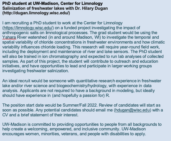 hildug's tweet photo. 📢 Recruiting a grad student to investigate freshwater salinization @WiscLimnology. Please share with any budding limnologists out there! It's going to be a great project with a mix of field/lab/modeling and ample opportunities for outreach. https://t.co/FUfwghgosX