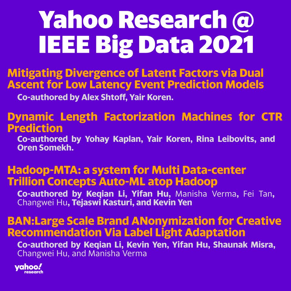 YahooResearch's tweet image. IEEE BigData 2021 starts today and Yahoo Research will be contributing via 4 publications:
#YahooResearch #IEEEBigData #IEEEBigData2021 #research #yahoo