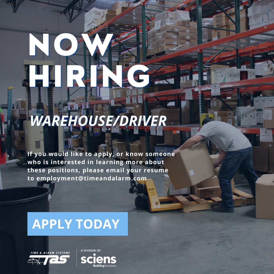 Time and Alarm Systems is hiring for a Warehouse/Driver role! Apply today! #Careers #Hiring #Recruiting