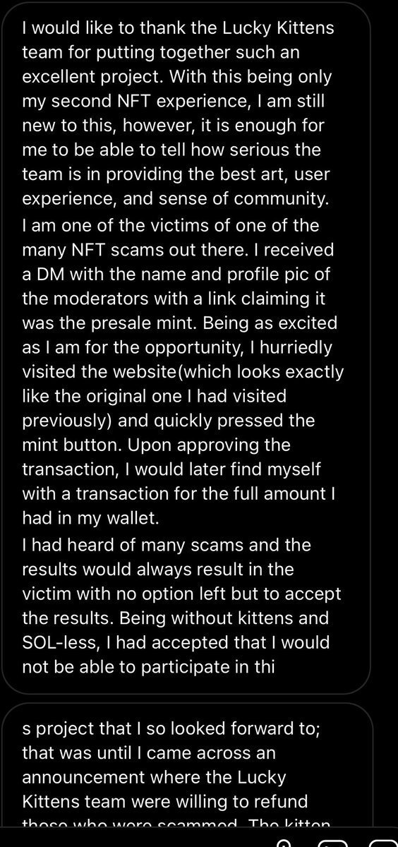 gammahedger's tweet photo. Have to refund people who got hit by the Discord scam, this is one testimonial for a 28.79 SOL refund. Testimonials are optional. Just doing our bit to help first timers who got scammed. @luckykittensnft https://t.co/lTDyHiUOc3