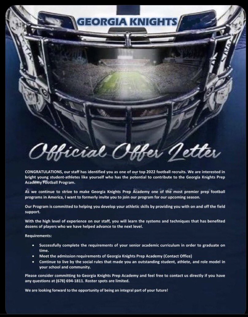 XavierRoberts73's tweet photo. After a great talk with @Coachjustin12 I’m blessed to say i’ve received my 2nd offer from Georgia Knights Prep Academy 🙏🏾@PHS_Football1 @CoachSmith_PHS @CoachTalton @coachmartinPHS https://t.co/hRMvqyZVrr