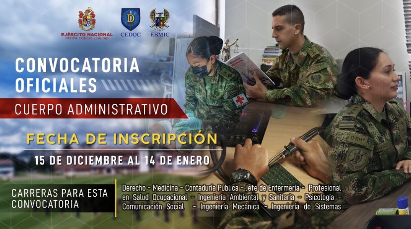 🚨Profesionales del país, esta información es de su interés.nuestra <a href="/ESMIC_EJC/">Escuela Militar de Cadetes</a> , abre las inscripciones al Curso de Orientación Militar para escalafonarse como oficial del cuerpo administrativo del <a href="/COL_EJERCITO/">Ejército Nacional de Colombia</a>  
Ingrese a la página esmic.edu.co 
¡Este es tu momento!