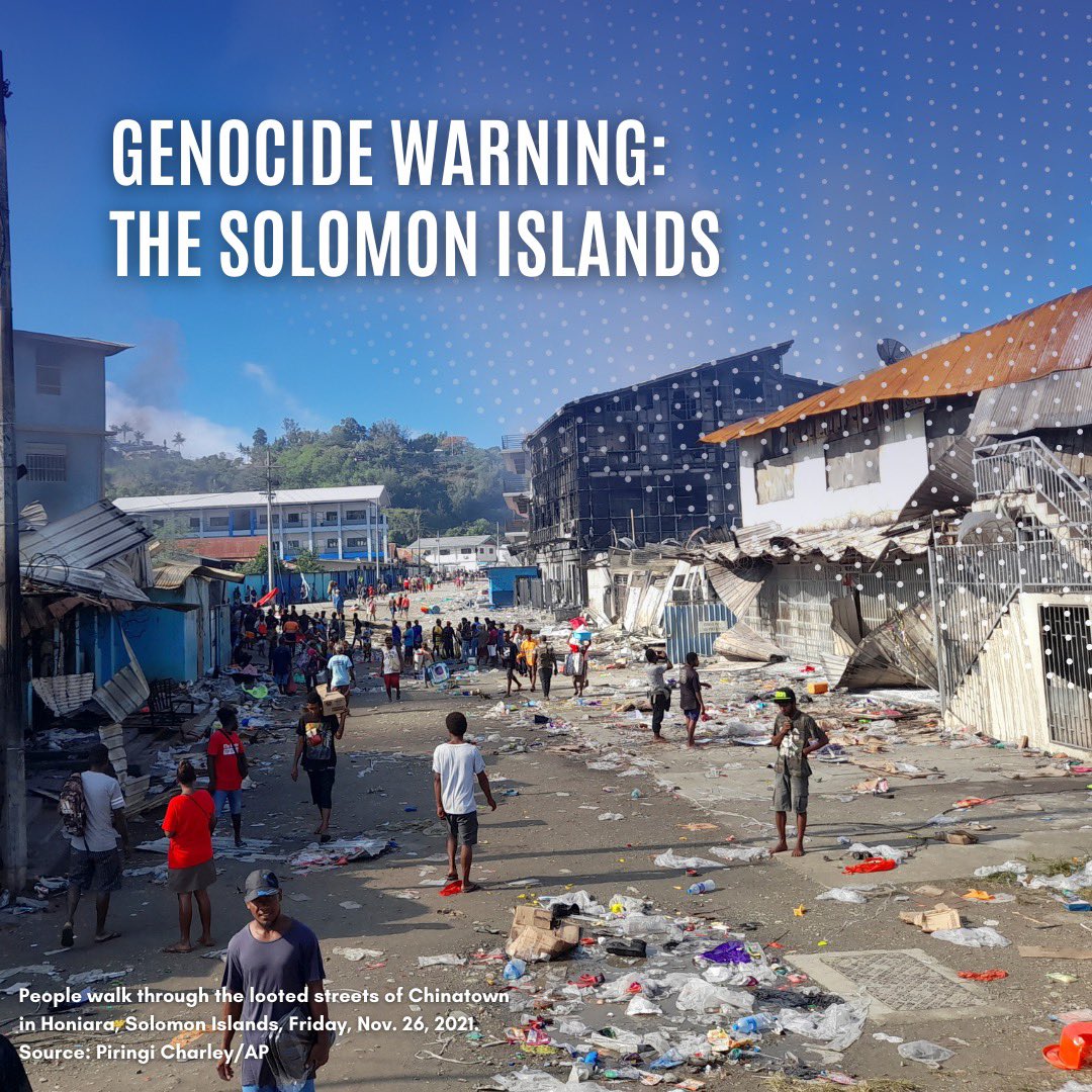 genocide_watch's tweet photo. #GenocideWarning for the Solomon Islands: ongoing riots targeting Chinese-owned buildings and the Chinatown district of Honiara raise concern for further ethnic violence. The government has requested foreign assistance to quell the rioting. https://t.co/PbGxlQYH3A https://t.co/KZCLwCZjlx