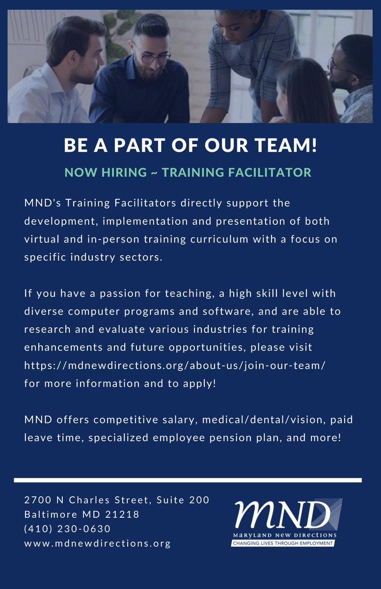 MNDBaltimore's tweet photo. MND is GROWING!!! Join our team for stable, flexible and rewarding work.  Competitive wages, Employee Pension Plan, Employee Assistance Program, paid time off, and more! Submit your resume and cover letter to apply@mdnewdirections.org #newcareer #joinourteam #NowHiring https://t.co/ZuyML85ewe