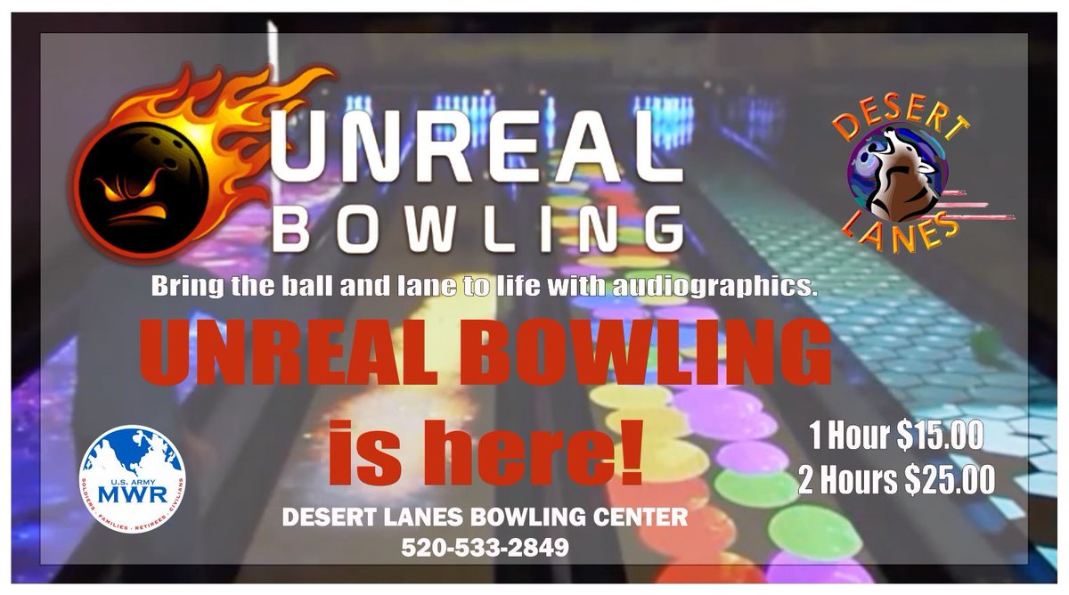 MWRHuachuca's tweet image. The future of bowling is here! Drop by Desert Lanes Bowling Center and play Unreal Bowling. It brings the lane and ball to life with audio-graphics. #unrealbowling