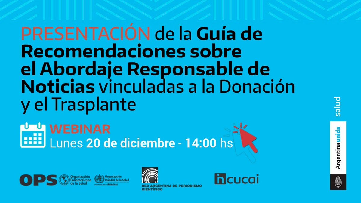 incucaioficial's tweet photo. 📢El próximo lunes 20 de diciembre a las 14 hs. se realizará la presentación de la Guía de Recomendaciones para Medios de Comunicación sobre el Abordaje Responsable de Noticias vinculadas a la Donación y el Trasplante. https://t.co/uacJLLwryO