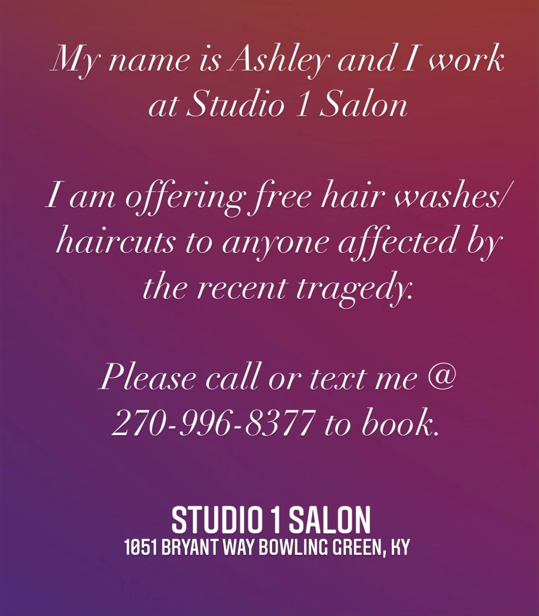 persnicketypen's tweet photo. For anyone impacted by the tornadoes in Bowling Green and surrounding area, this salon is offering some free services. @WarrenCoSchools @joeimel @BGISD https://t.co/X34Ho00MeV