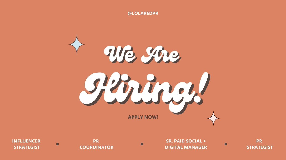 New Year, new you, new job? We are looking for a Public Relations Coordinator, Public Relations Strategist, Senior Paid Social + Digital Manager, and Influencer Strategist to join our team! Learn more about the roles at the link lolaredpr.com/careers/
