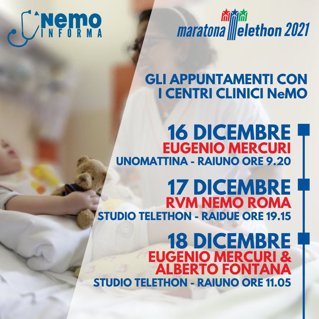 CentroNemo's tweet photo. 📌 #NeMOINFORMA: GLI APPUNTAMENTI @CentroNemo DURANTE LA MARATONA #TELETHON 2021
Con @Telethonitalia
#stoconnemo
#laricercadona https://t.co/VlCGDviXuu