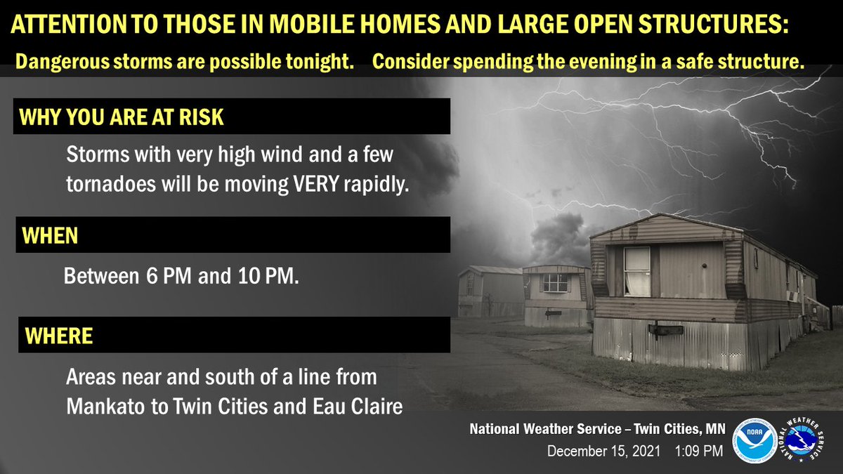 Dangerous storms tonight will pose a safety risk to those in vehicles, mobile homes, large open buildings and other structures susceptible to high winds. Please avoid being in one of these unsafe situations when these storms come through, currently expected between 6 pm and 10 pm