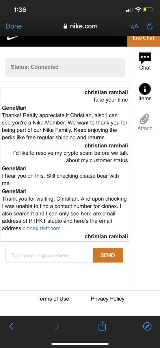 c_rambali's tweet photo. @Nike @RTFKTstudios yet however, gene is saying he doesn’t even know how to contact the people you’re supposedly “partnered” with? WTH is going on here. I just want my NFT and don’t want anyone else to fall for this scam! https://t.co/qUaJVtMABL