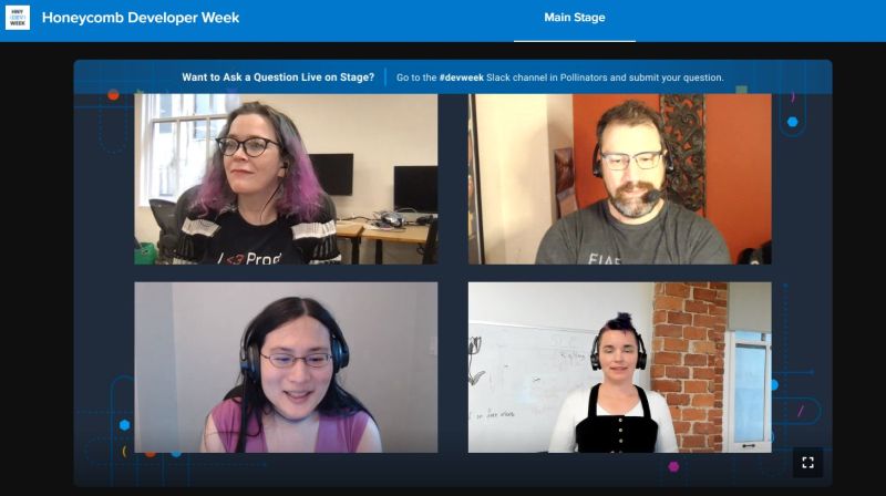 philpauleo's tweet photo. Closing out #hnydevweek with a #roundtable of @honeycombio dev folks, talking about #fullstack, #observability, #appdev, #devops, etc. https://t.co/Ma0wRpJjlQ