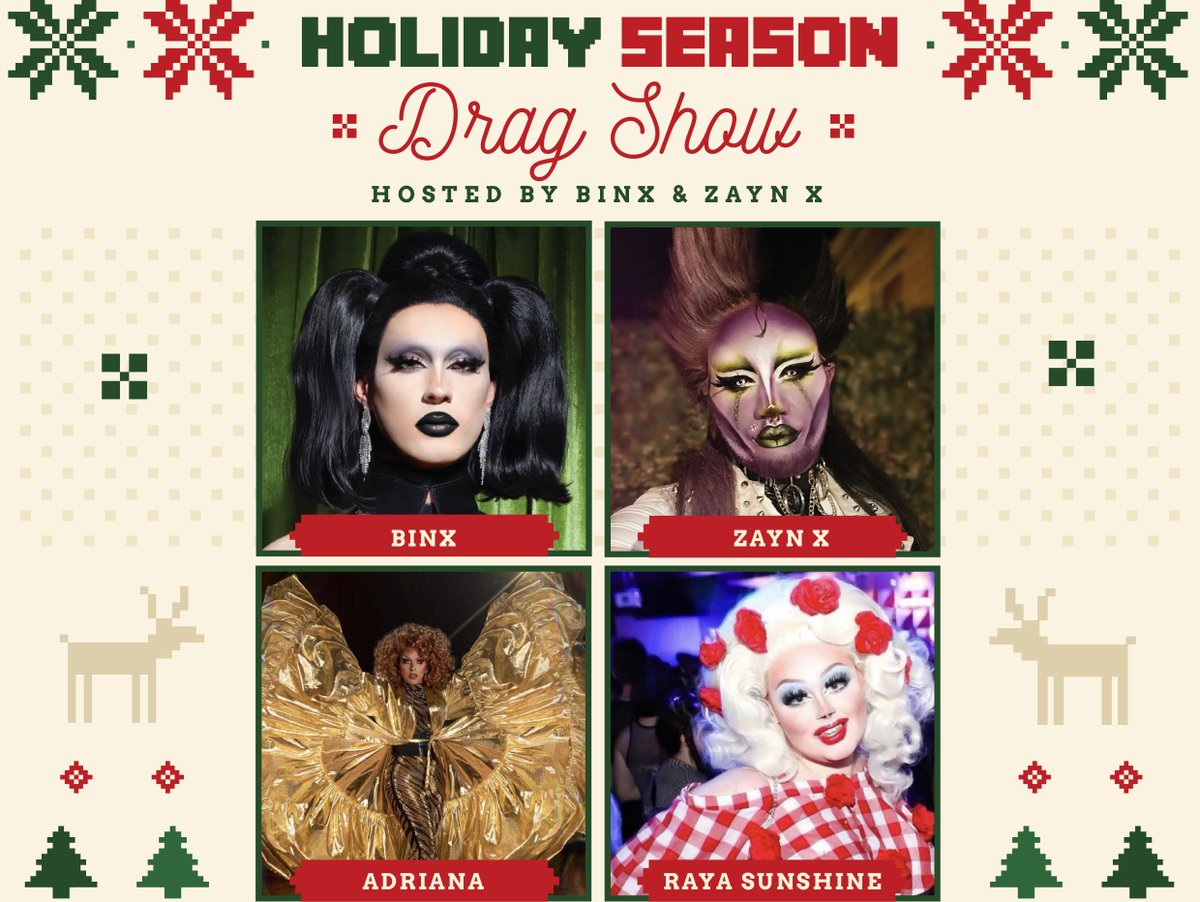 Get festive this Friday, and make your reservation for our Ugly Sweater Drag Dinner Show, hosted by @thatsbinx &amp; <a href="/booitszaynx/">Zayn X</a>! Prizes for the top three ugly sweaters of the night. Click the link for more info bit.ly/3IOZnUC 🕺 💃