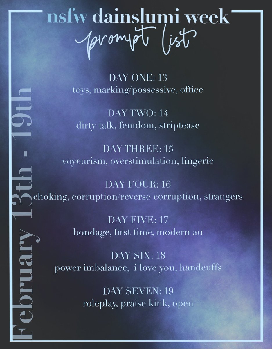 nsfwdainslumi's tweet photo. and finally, our prompts! these are merely suggestions; anything is accepted. looking forward to seeing your creations!
#nsfwdainslumi #dainlumi #lumidain #dainslumi #nsfwweek https://t.co/AfhPBdMwnc