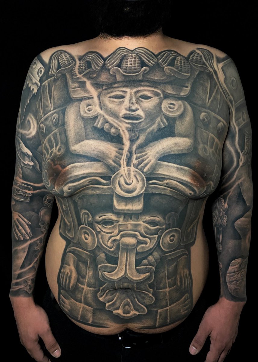 TattoosbyGoethe's tweet photo. 1 year healed! 
I did 6 sessions on this full front Cocijo (Zapotec deity of rain and lighting) sleeves also done by me /Body suit in progress 🤘🏻
.
👁 Now booking 2022  in Los Angeles!
👉🏻For any questions and availability call or text us at 909 6415488 
https://t.co/ggKqIRvv3n https://t.co/gGxnkTcOxa